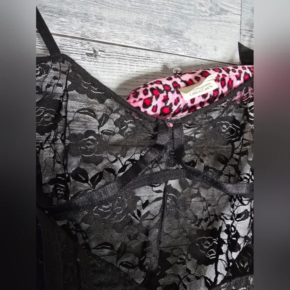 Rene Rofe Intimates Black Floral Lace Babydoll Pink Bows Lingerie Top - Picture 5 of 7